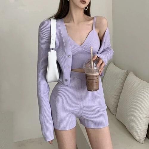3 Piece Set Women Knitted Outfits Long Sleeve Cardigan+V Neck Corset Top +High Waist Shorts 2021 Sexy Purple Casual Home Clothes