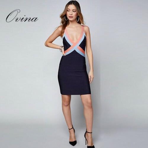 Top Quality Fashion Strap Sleeveless Striped V Neck Mini Bodycon Bandage Women Dress Party Dress