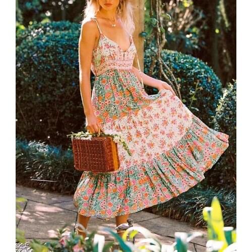 Happie Queens women green floral print sleeveless beach Bohemian sundress Ladies Summer rayon Boho maxi dress vestidos