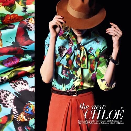 118cm wide 93% silk & 7% spandex 19mm butterfly print green blue mulberry elastic silk satin fabric material for dress shirt
