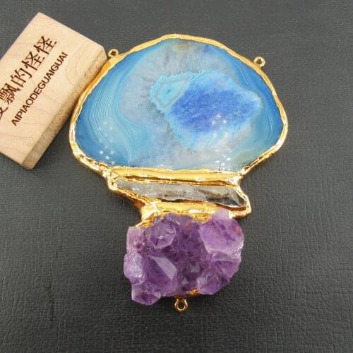 APDGG 1 PC Big Natural Blue Agate Purple Amethyst Charm Connector Pendant Necklace For Jewelry Making DIY