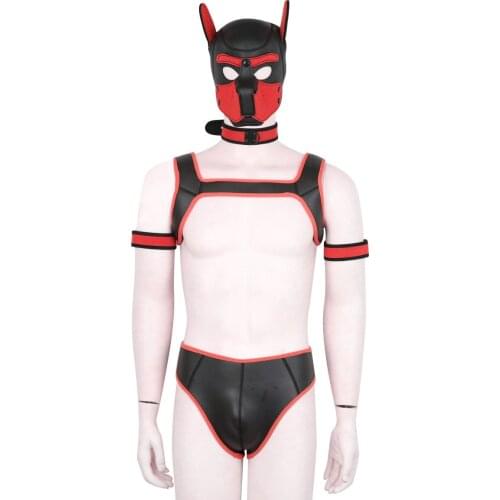 Bdsm Pet Role Play Party Masks Puppy Play Dog Hood Mask Mens Chest Harness Strap Pup Neck Collar Armband Pants Cosplay Sex Toys