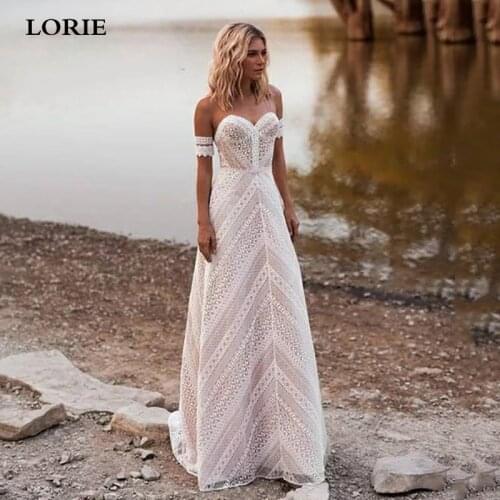 LORIE Bohemian Wedding Dresses 2020 Nude Neck A Line Lace Boho Bridal Gowns Plus Size Beach Wedding Custom Made Gowns