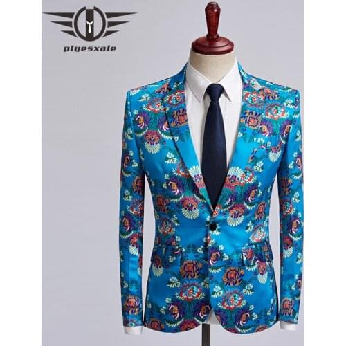 Plyesxale Brand Sky Blue Blazer Men Slim Fit Mens Floral Printed Blazer 5XL Man Casual Suit Jacket Prom Stage Costume Homme Q466