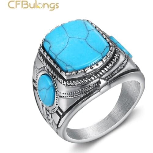 CFBulongs Vintage Blue Natural Stone Ring Fashion Jewelry Green Stone Finger Ring For Womens Wedding Anniversary Ring