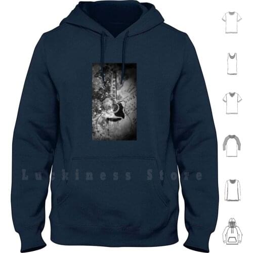 Black And White Image Of A Guitar And Musical Notes Background Hoodies Long Sleeve Guitar Black And White