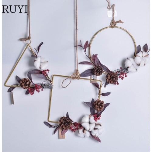 Geometric metal garland hemp rope hanging wall hanging artificial garland home decoration simulation green plants hanging ring