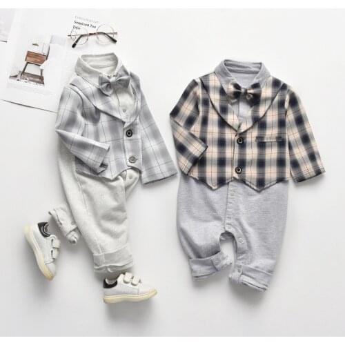 Toddler Boy Rompers Spring Autumn New Infant Baby Fashion Plaid Fake Two Bodysuits Baby Boy Party Clothes Kids Cotton One-pieces