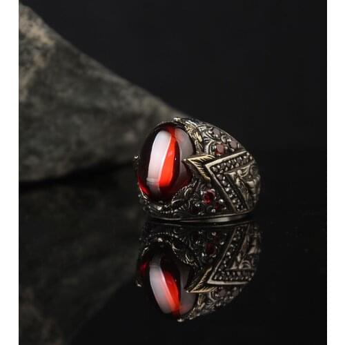 Red Zircone Traditional Turkish 925 Sterling Silver With Gold Plate Handmade Signet Rings Jewelry Gift From Turkey for Women Men