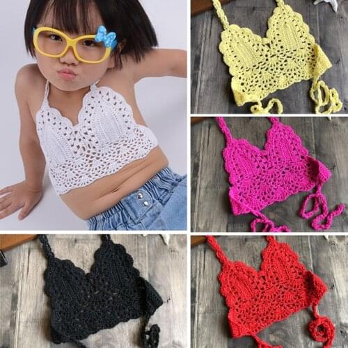 Kids Bikini Girl Swimsuit Crochet Straps Swimwear Outfit Tops Children Beach Bathing Suit Solid Hollow Lace Up Bandage Swim Wear