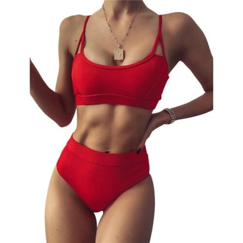 Meihuida Women Two-piece Swimwear Set Solid Color U-shaped Collar Swimming Tops and High Waist Shorts Ladies Padded Bikini Suits