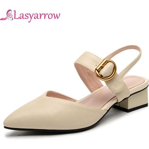Lasyarrow Middle Heels Cover Pointed Toe Mary Jane Shoes Summer Slingback Sandals Fashion Buckle Strap Thick With Ladies Pumps