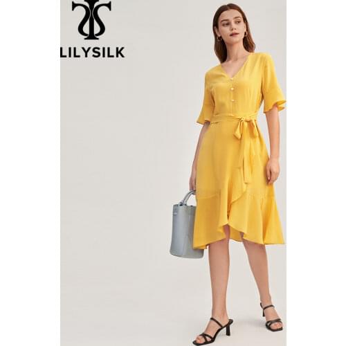 LilySilk Silk Dress Women Clothes Ladies Summer Party Ruffle Trim V Neck New Free Shipping