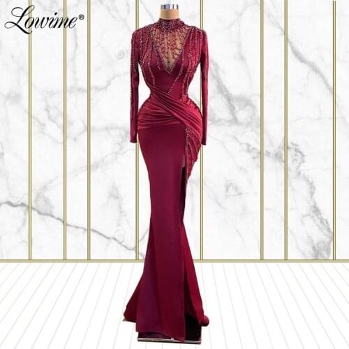 Lowime Wine Red Beaded Formal Long Evening Dresses Dubai Mermaid Custom Made Party Dress For Women Middle East Prom Gowns Robes