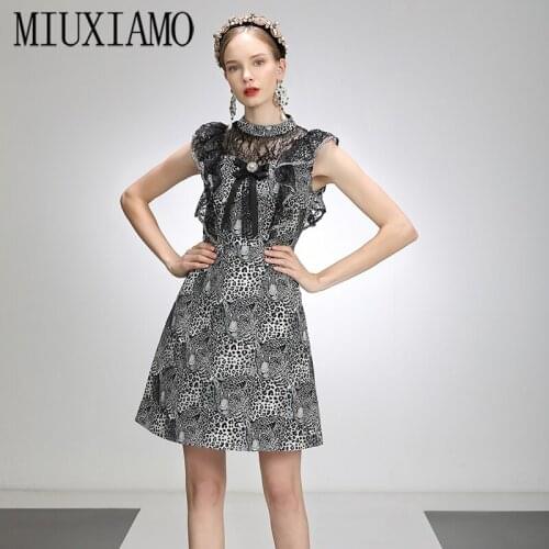 MIUXIMAO 2021Spring Summer Party Dress Lace Ruffles Diamonds Leopard Tank Office Lady Casual Dress Women Vestidos Bow