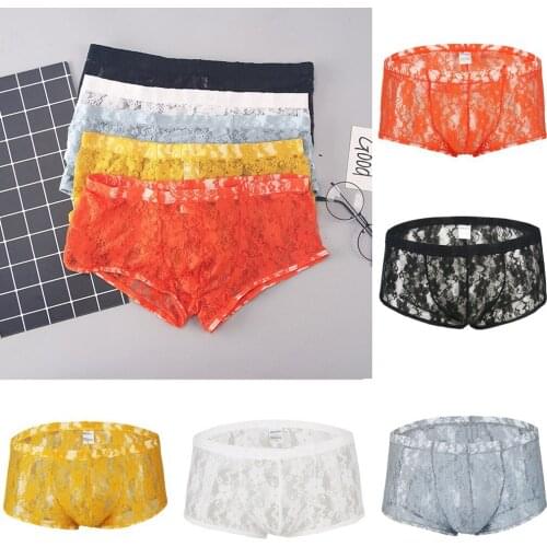 Fashion Male Sexy Lace See Through Underpant Sports Breathable Soft Pouch Briefs Sissy gay mens Hot Porno Lace Erotic Underwear