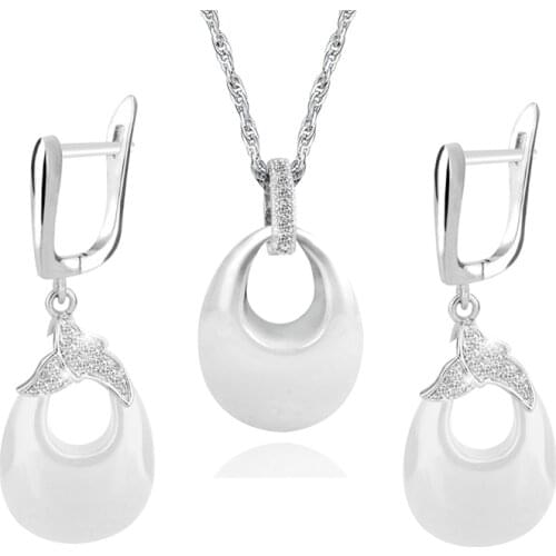 Elegant Women Cubic Zirconia Jewelry Set Water Drop Healthy Ceramic Earrings And Chain Pendant Necklace Female Gifts Never Fade