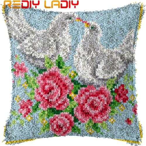 Latch Hook Cushion Pigeons & Roses Pre-Printed Canvas Cushion Cover Acrylic Yarn Crochet Pillow Case Hobby & Crafts Home Decor