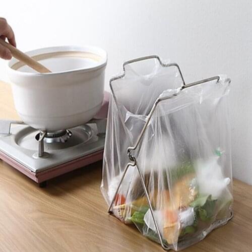 Stainless Steel Garbage Bag Shelf Rag Rack Foldable Kitchen Trash Can Hanging Plastic Bag Shelf Storage Rack