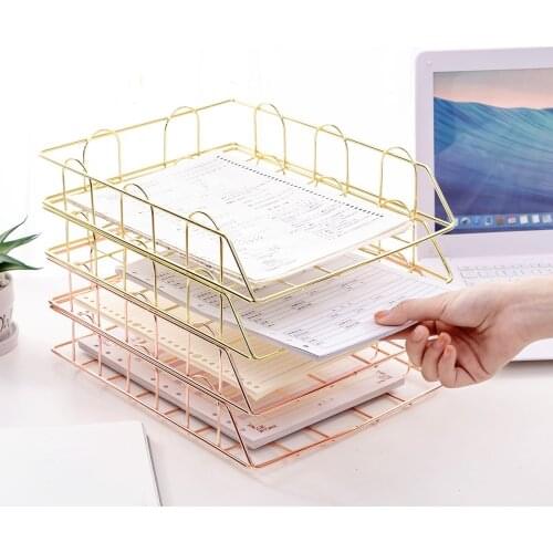 Nordic Magazine Newspaper Organizer Metal Stackable Storage Basket Frame Rack Office Desktop Rose Gold A4 Paper Finishing Basket