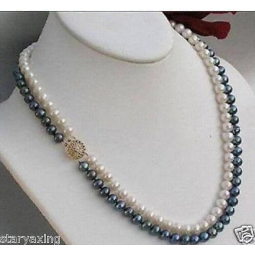 Natural 2Row 7-8MM WHITE & BLACK PEARL NECKLACE 17-18"