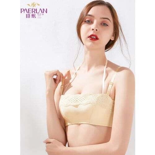 PAERLAN B cup small chest gathered Wire Free bra 1/2 cup hanging neck adjustable tube top underwear Women