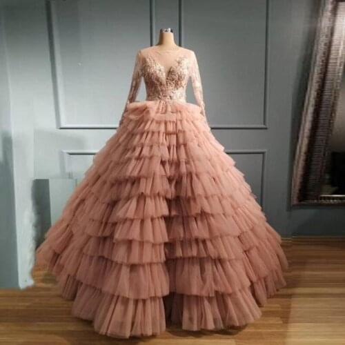 Dusty Pink Tulle Tiered Prom Dresses Sheer Neck Lace Appliques Long Sleeves Evening Gowns Robe De Soiree Party Dresses