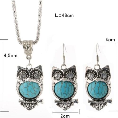 Retro Turquoise Owl Jewelry Sets 925 Silver Pendant Earring Necklace Fashion Chain Handmade Amulet Gifts for Her Woman