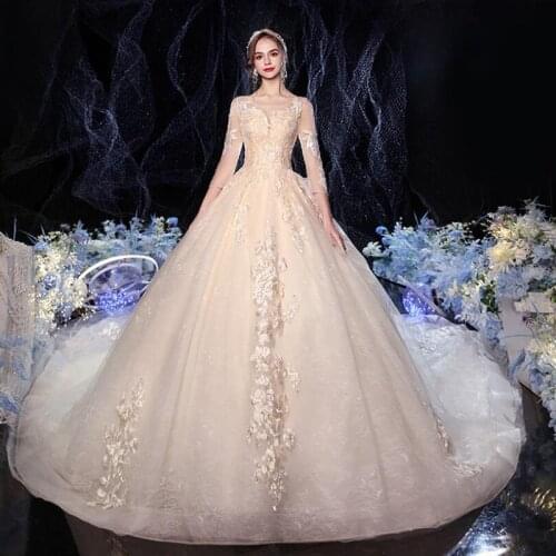 Luxury Lace Appliques Plus Size Wedding Dress Embroidery 2021 New Long Train Three Quarter Sleeves Bride Gowns Vestidos De Noiva