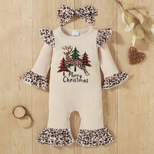 Chirstmas Baby Romper Newborn Infant Girls Leopard Print Long Flared Sleeve O-neck Jumpsuit Bow-knot Headband 2pcs Clothing Fall