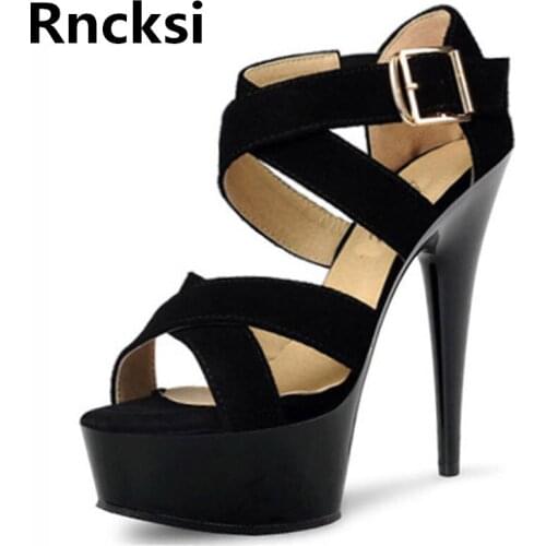 Rncksi Black Summer Women Pole Dance Sandals Party Shoes Night Club Party Sandals 15cm High Heels Platform Dance Shoes