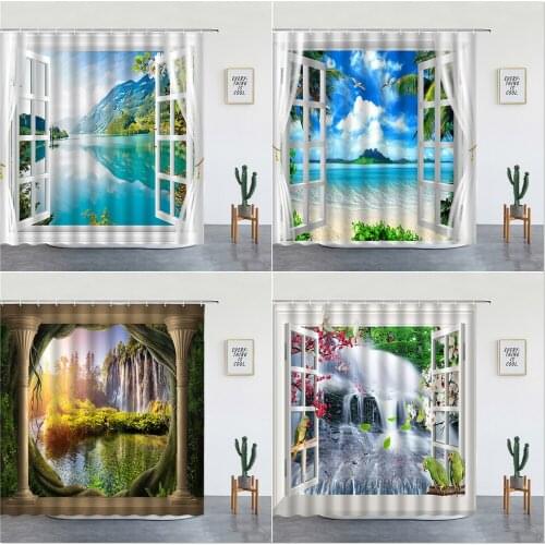 Natural Scenery Shower Curtains Summer Waterfall Landscape Flower Bird Waterproof Fabric Bathtub Screen Bathroom Decor With Hook