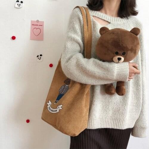 Autumn Winter Women Corduroy Shoulder Bag Lovely Bear Print Striped Canvas Handbag Eco Cloth Tote Cute Soft Bags For Ladies