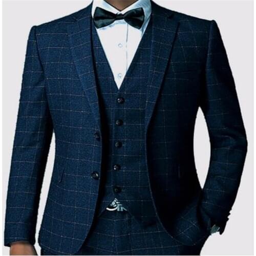 Dark Blue Plaid Men Suit Tailored Slim Fit Blazer For Men, Men Checkered Suit Gingham Tuxedo, Elegant Plaid Business Casual Suit