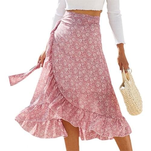 2021 Summer New Skirts Sweet Breathable Summer Large Hem Textile-printing Slit Design Polyester Long Skirts for Date Outdoor