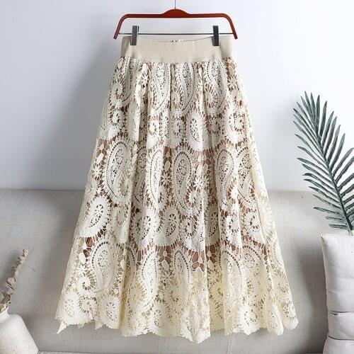 2021 Autumn New Retro Fashion Hook Flower Hollow Lace Casual Big Swing High Waist Slimming Skirt Women 1825