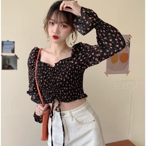 Fall New Arrival Women Blouses French Style Retro Long Sleeve Chiffon Ladies Floral Shirt Tops