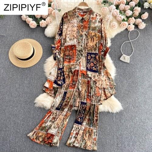 2021 New Women Floral Printed 2 Pieces Set Sashes Shirt Blouse Long Trouser Suit Casual Women Outfit Pants Sets D036