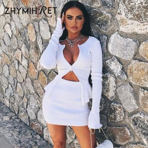 ZHYMIHRET 2019 Autumn Zipper Front Cardigan Pencil Skirt Ribbed Two Piece Set Women Split Sleeve Mini Skirt 2 Piece Set Outfits