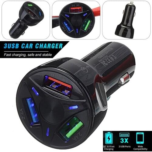 1pc 3-Port USB Car Charger Adapter QC 3.0 Fast Charging LED Display For Auto Truck Cigarette Socket Lighter Phone Parts