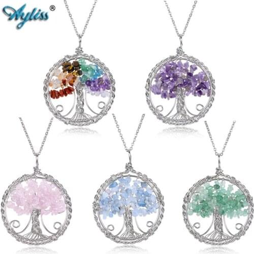 Ayliss Natural Chip Stones Crystal Tree of Life Necklace Wire Wrapped Copper Reiki Healing Gem Stone Pendant Necklaces Jewelry