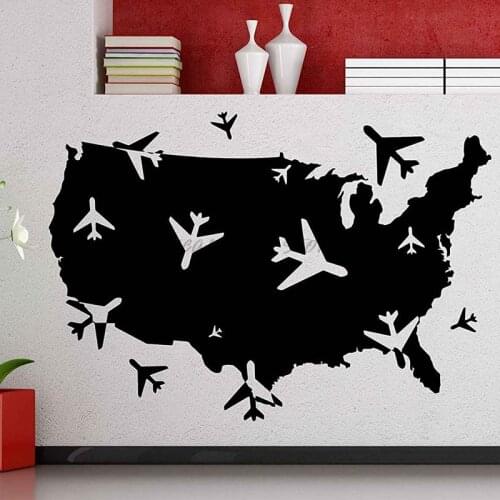 Outline USA map, vinyl art sticker for school, classroom, library wall art deco wall sticker Wallstickers Wallpaper Mural B2-028