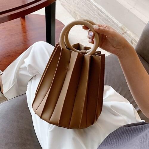 Fashion Ruched Bucket Bag for Women Design Round Handle Handbags Luxury Soft Pu Leather Shoulder Crossbody Bags Large Tote 2021