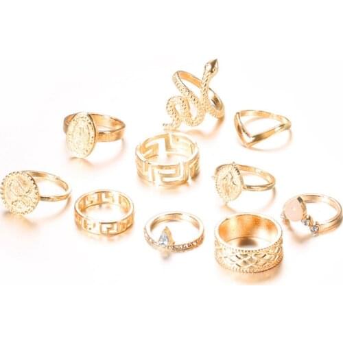 10 Pcs/set Vintage Jesus Snake Shape Animals Rings Set Gold Crystal Join Ring Wedding Party Jewelry Accessories