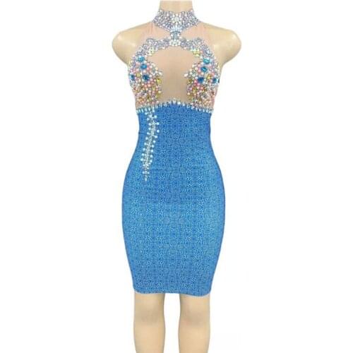 New Sexy Stage Colorful Rhinestones Pearls Dress Birthday Party Celebrate Crystals Dresses Women Singer Dancer Nightclub Outfit
