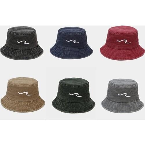 Bucket Hat Women Embroidered Waves Pattern Washed Cotton Fisherman Hat Spring Summer Sun Hat Female Male Flat Top Sunshade Gorro