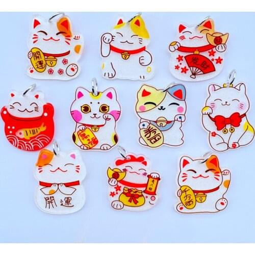 10 Cute Acrylic Cartoon Zhaocai Cat Series Pendant Key Chain Pendant Necklace Pendant For DIY Decoration Accessories 056