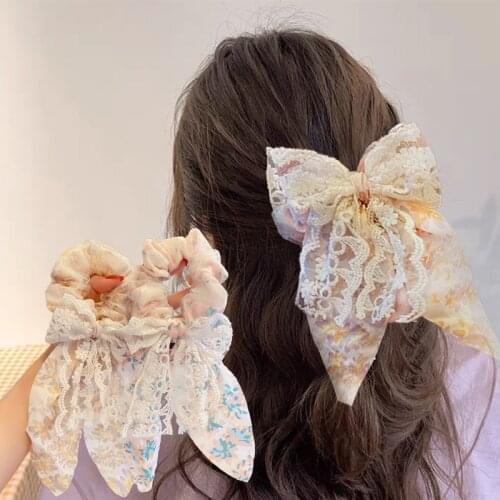 New Women Elegant Print Lace Bow Ribbon Hair Bands Sweet Hair Decorate Scrunchie Headband Hairbands Fashion Hair Accessories