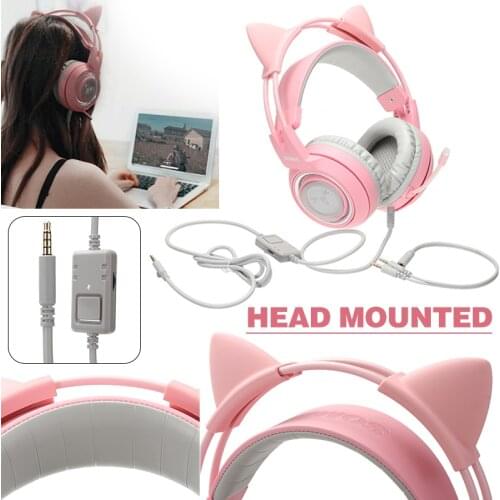 Pink Gaming Headset Bass Noise Cancelling Adults Kids Girl Earphone Cat Ear Wired Headphones