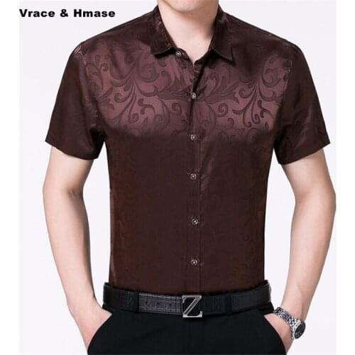 Chinese style carved printing smart casual boutique short sleeve shirt Summer 2018 quality silk soft comfortable shirt men M-3XL